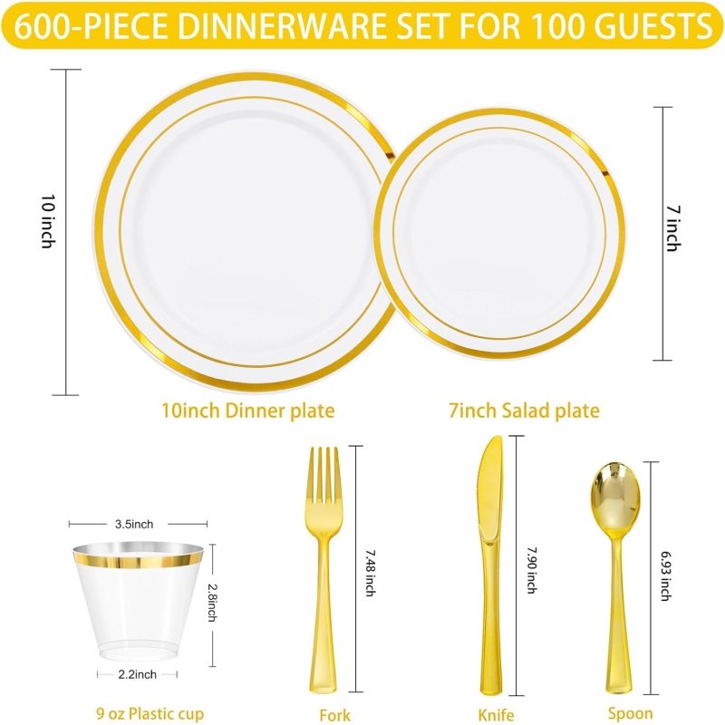 WELLIFE 600 PCS Gold Disposable Dinnerware Set - Image 6