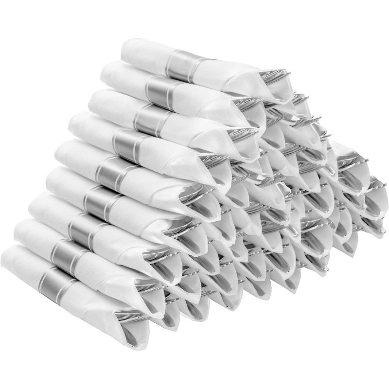 50 Pack Pre Rolled Silver Plastic Silverware Set