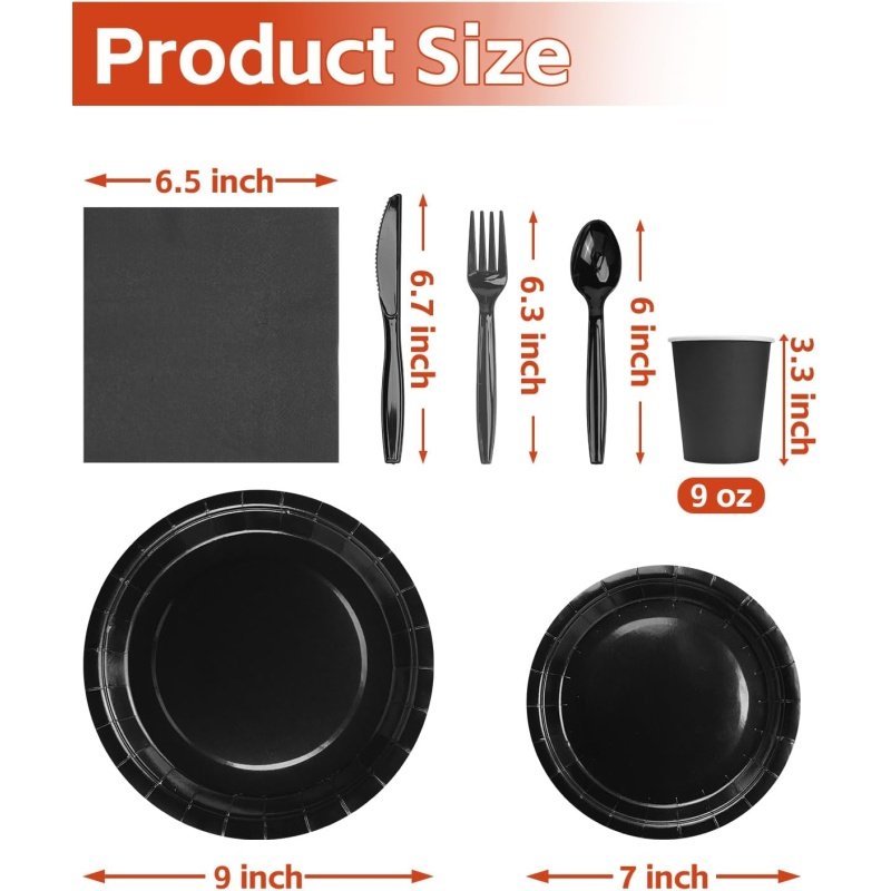 Lzerking Black Party Supplies Set 224 Pieces of Black Paper Plates, Cups - Image 6