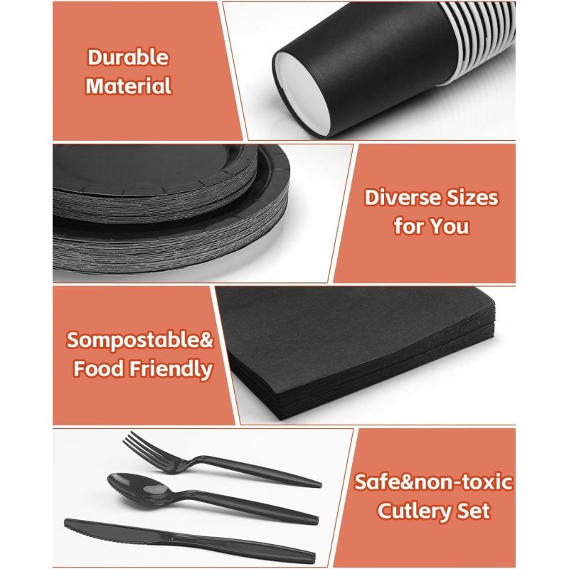 Lzerking Black Party Supplies Set 224 Pieces of Black Paper Plates, Cups - Image 5