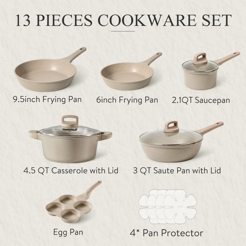 CAROTE 13pcs Kitchen Pots and Pans Set Non Stick, Taupe Nonstick Cookware Set - Image 2