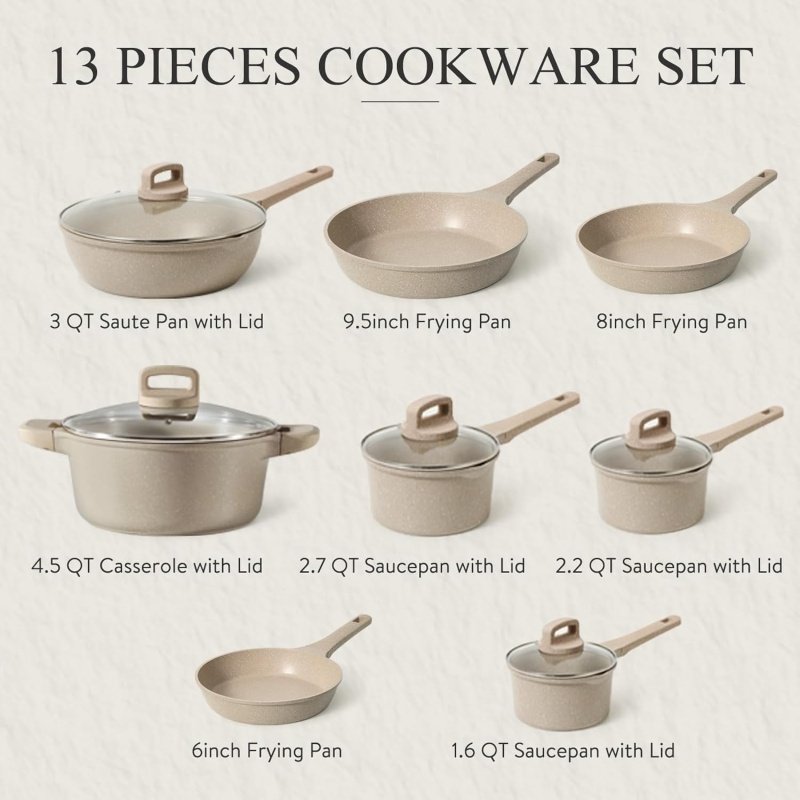 CAROTE 13pcs Taupe Kitchen Pots and Pans Set - Image 2