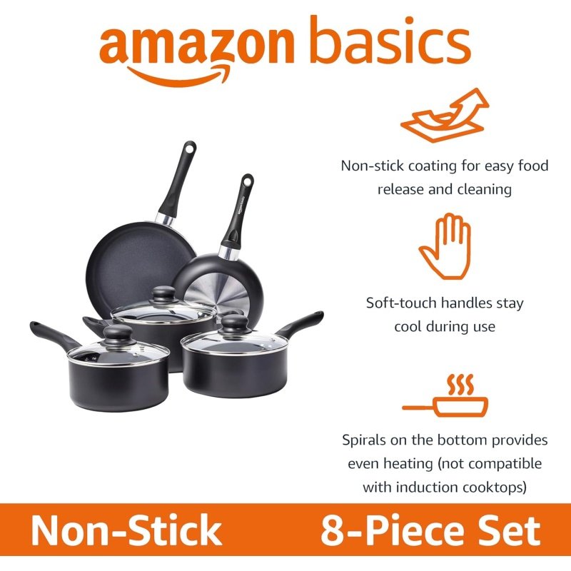 Amazon Basics Non Stick 8-Piece Kitchen Cookware Set - Image 2