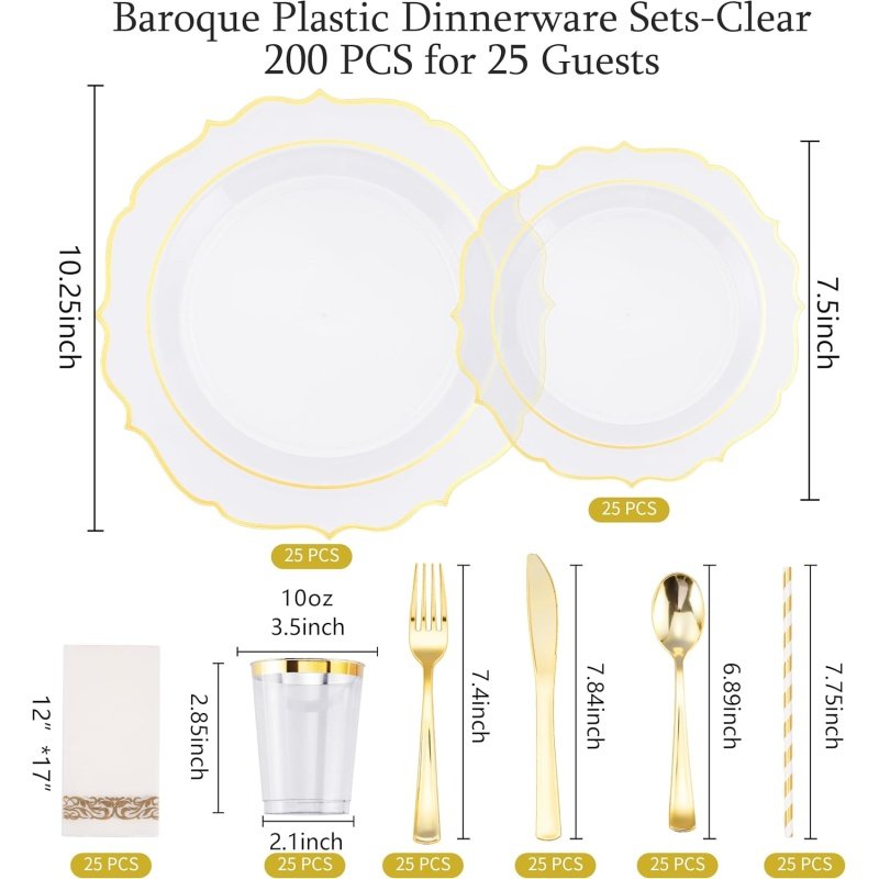 ISFANCO 200 PCS Baroque Clear Gold Dinnerware Set - Image 2