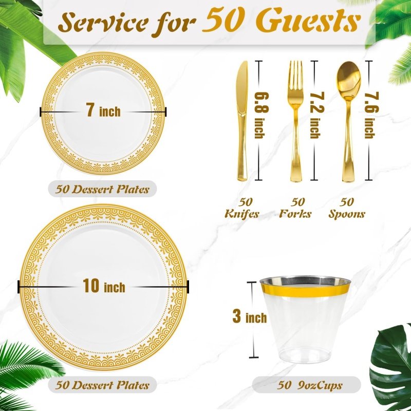 GINKGO 300 Pcs Gold Disposable Dinnerware Set - Image 2