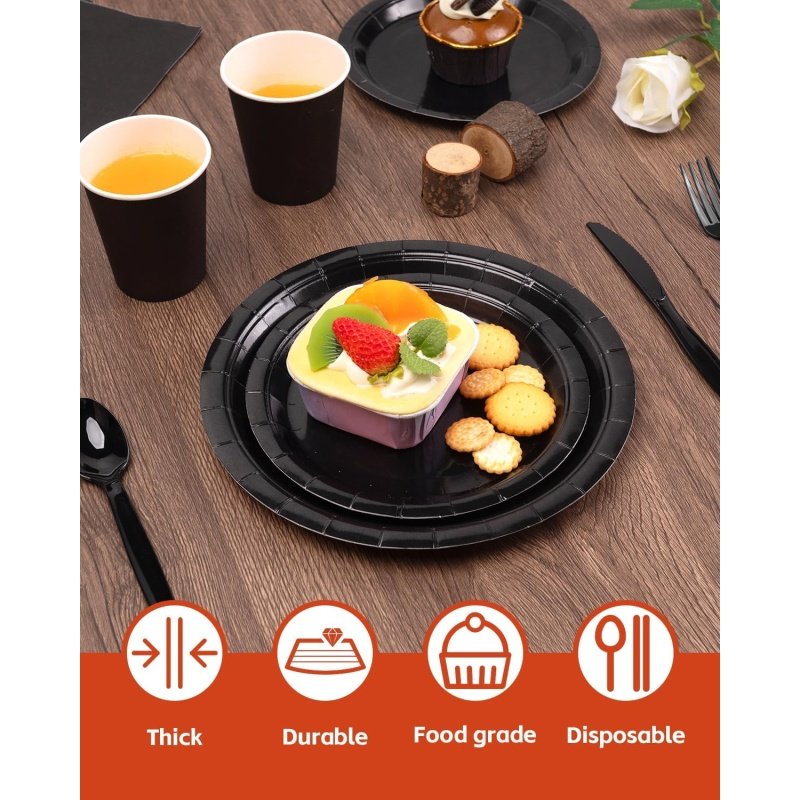 Lzerking Black Party Supplies Set 224 Pieces of Black Paper Plates, Cups - Image 4