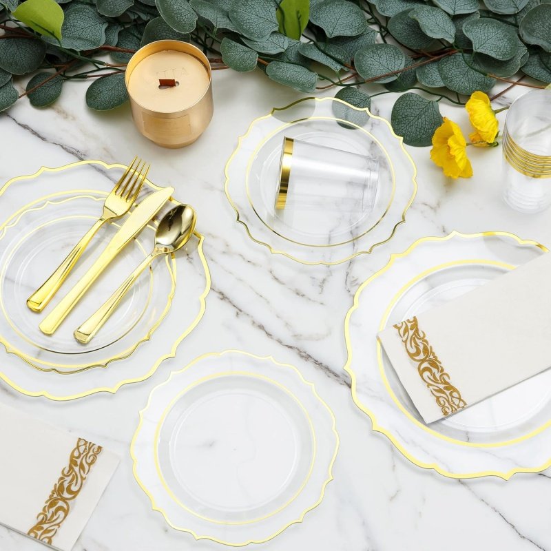 ISFANCO 200 PCS Baroque Clear Gold Dinnerware Set - Image 8