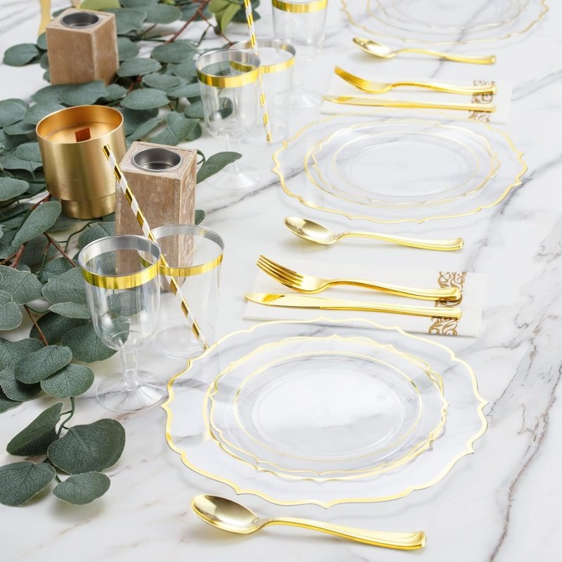 ISFANCO 200 PCS Baroque Clear Gold Dinnerware Set - Image 5