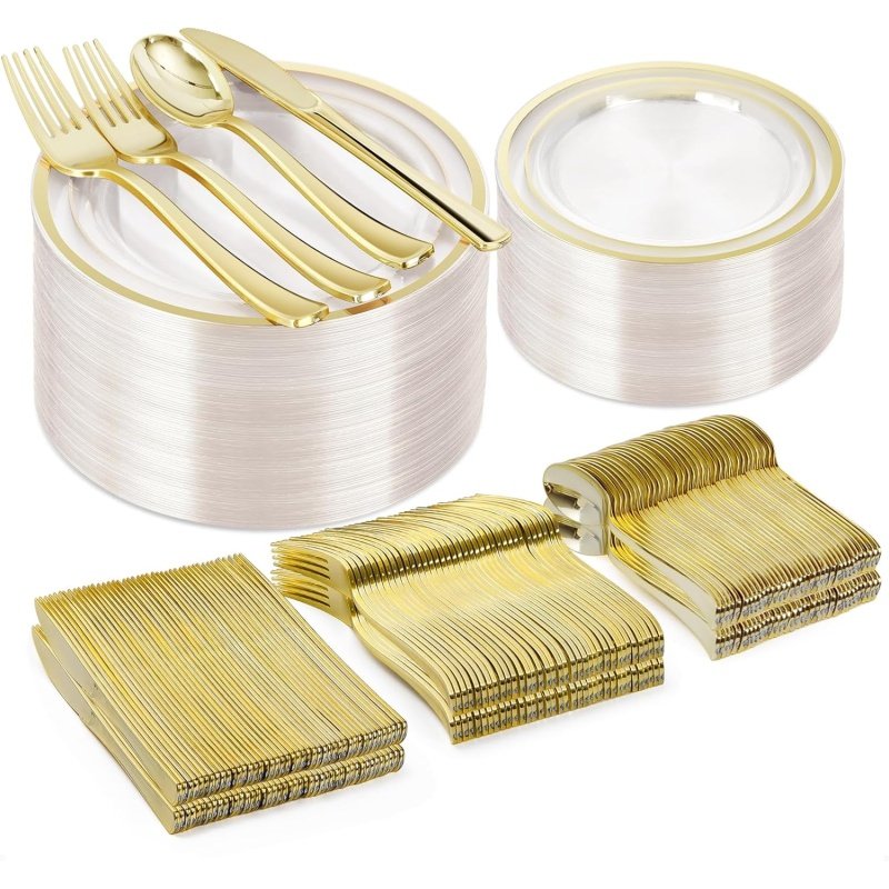 300PCS Clear Gold Plastic Plate Set