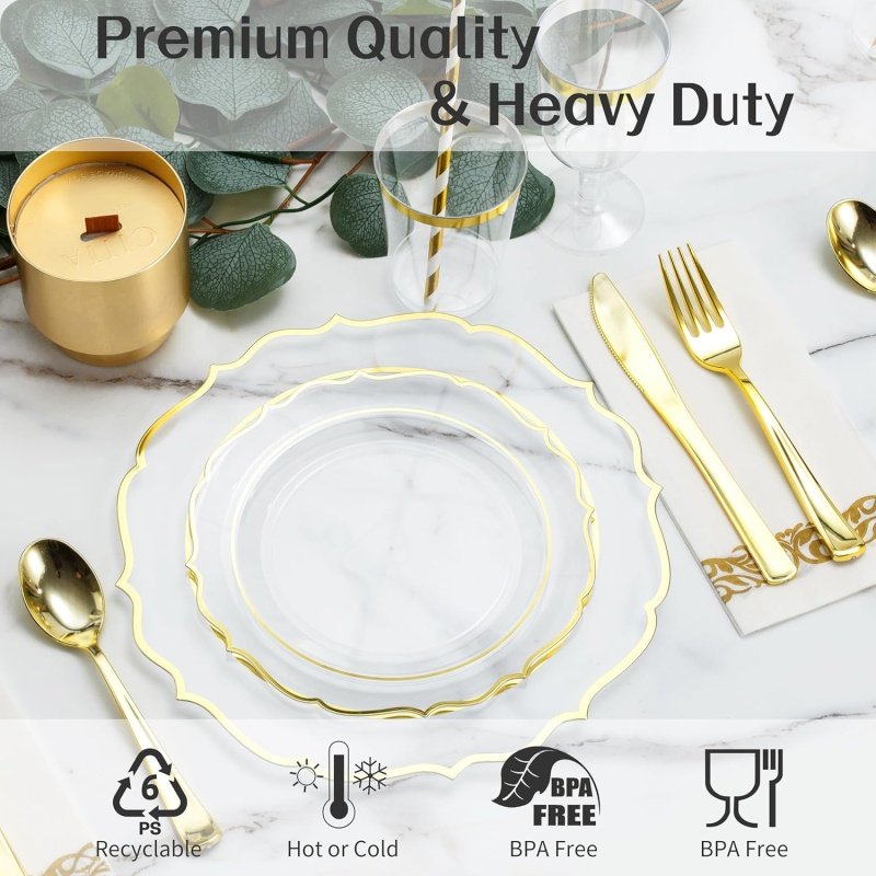 ISFANCO 200 PCS Baroque Clear Gold Dinnerware Set - Image 3