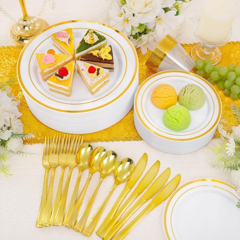WELLIFE 600 PCS Gold Disposable Dinnerware Set - Image 4