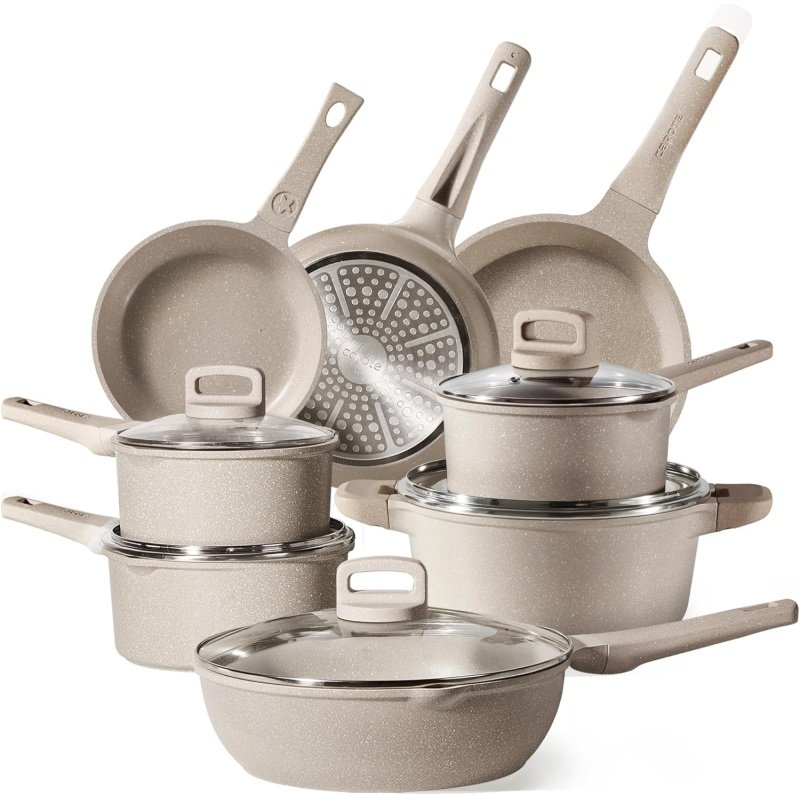 CAROTE 13pcs Taupe Kitchen Pots and Pans Set