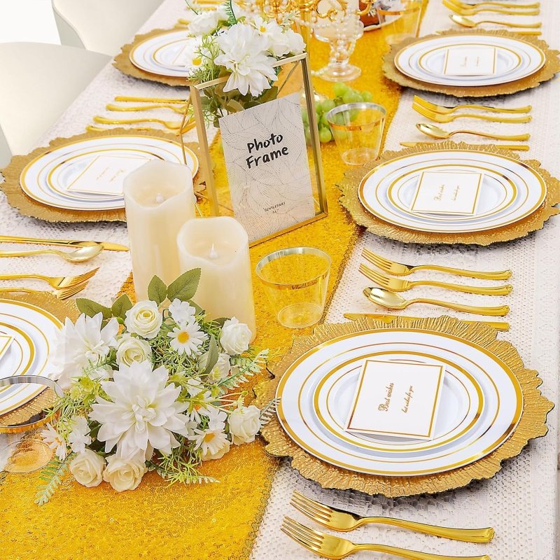 WELLIFE 600 PCS Gold Disposable Dinnerware Set - Image 2