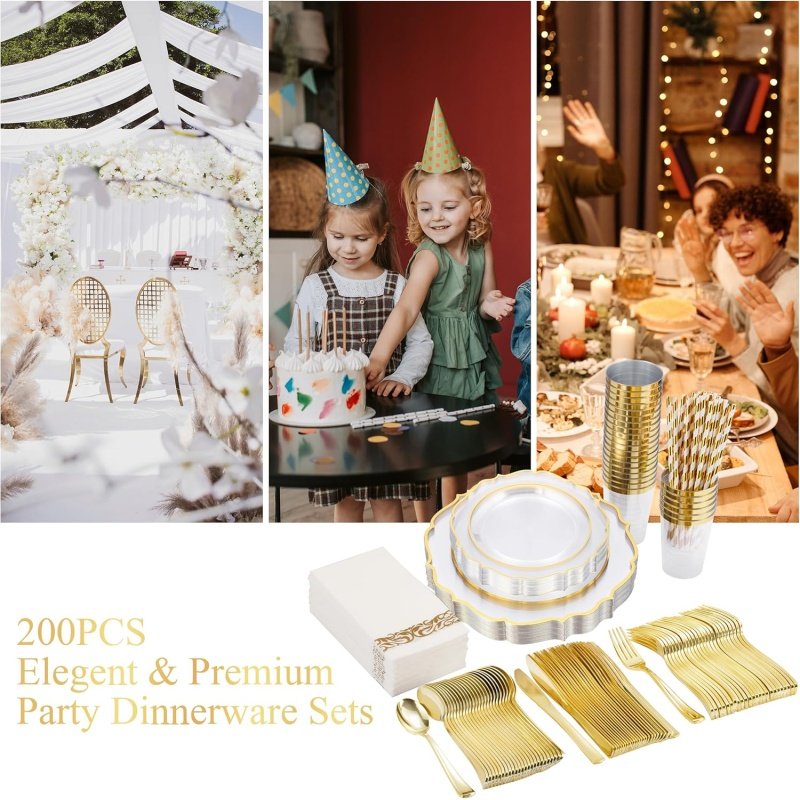 ISFANCO 200 PCS Baroque Clear Gold Dinnerware Set - Image 4